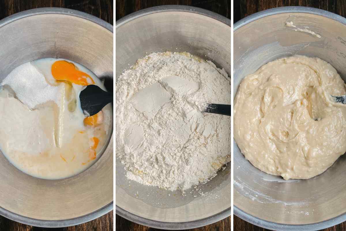 Grid of 3 photos of sourdough discard coffee cake batter in a metal progressively adding ingredients and being stirred