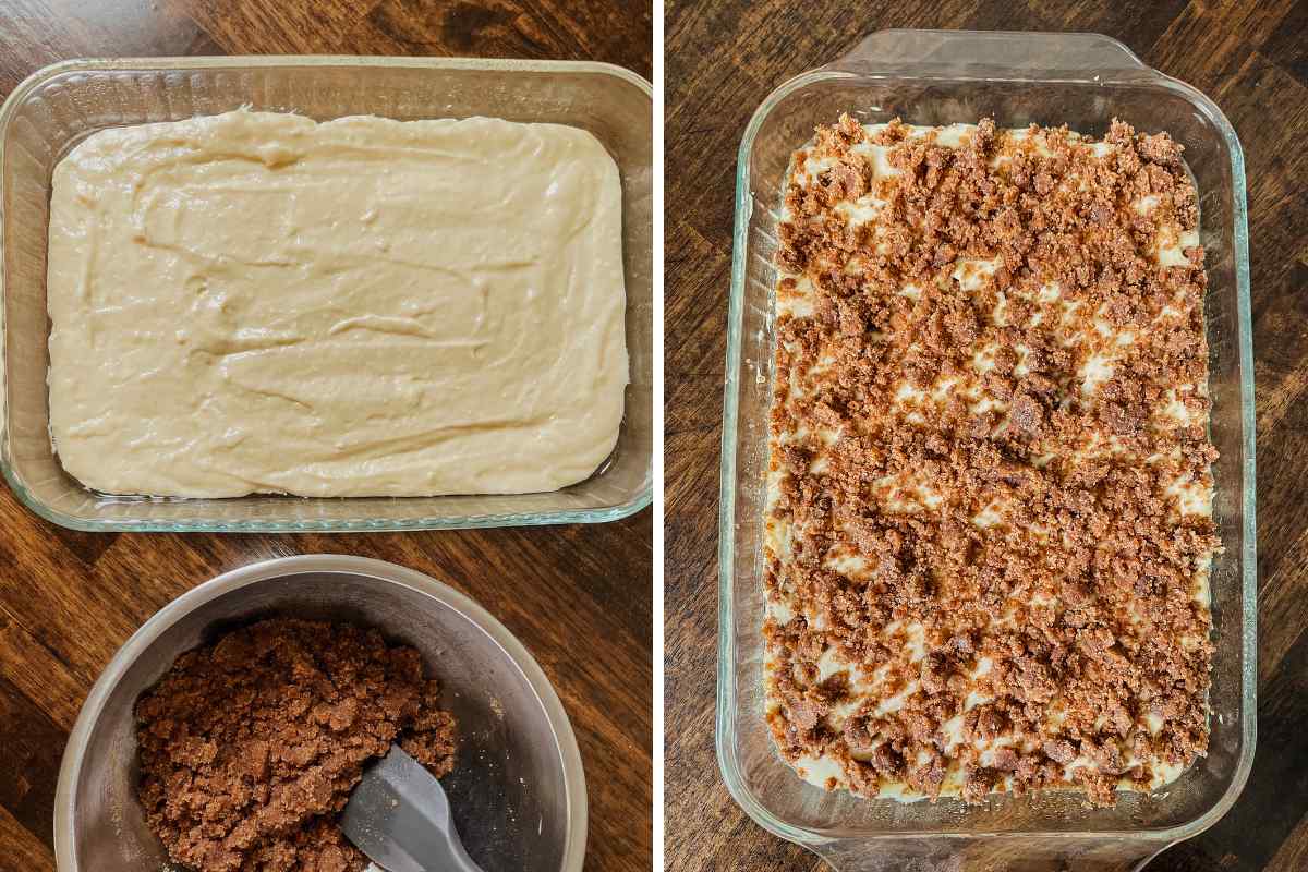 Grid of 2 photos; on left glass 9x13 baking pan filled with sourdough coffee cake batter and bowl of cinnamon sugar topping below with black spatula; on right assembled unbaked sourdough discard coffee cake in pan complete with cinnamon sugar topping