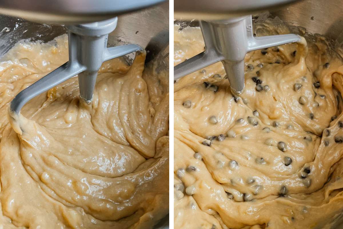Grid of 2 photos of sourdough banana bread muffins batter in metal mixing bowl