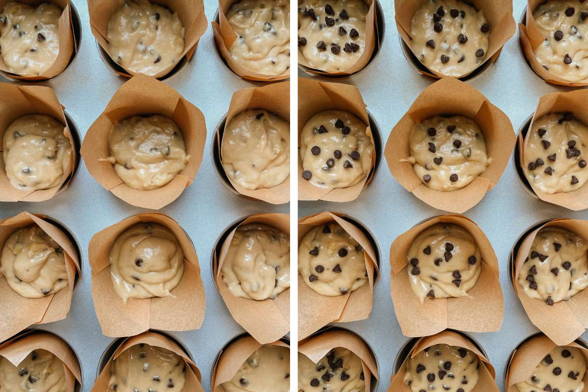 Grid of 2 photos of sourdough banana bread muffin batter and filling in tulip baking cups in muffin tin