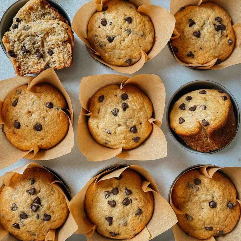 Sourdough banana bread muffins with chocolate chips in a muffin tin