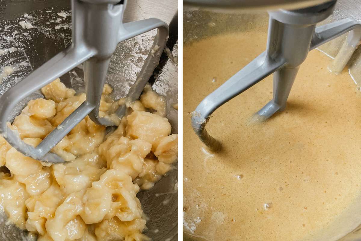 Grid of 2 photos of sourdough banana bread muffins batter in metal mixing bowl