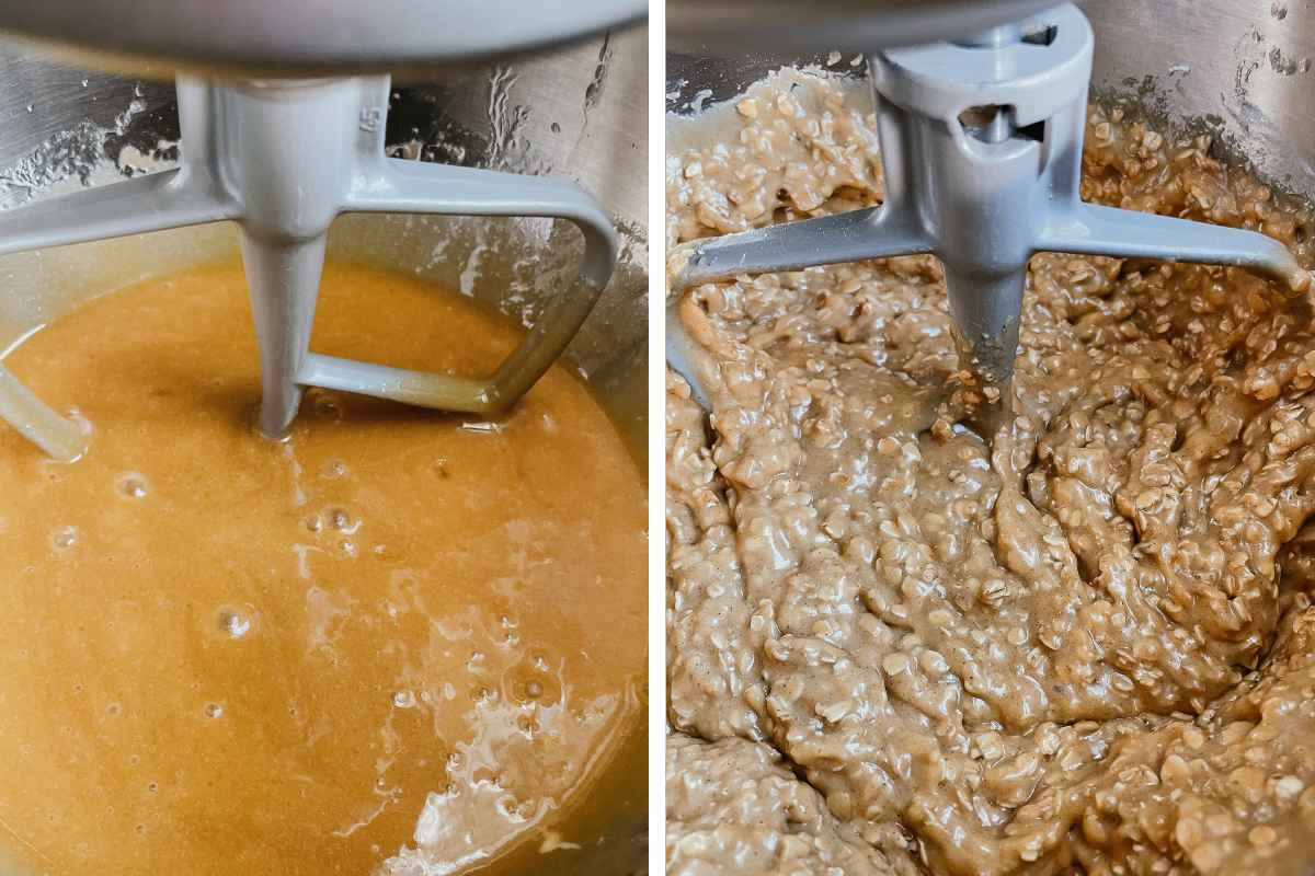 Grid of 2 photos of sourdough oatmeal chocolate chip cookie bar batter in metal mixing bowl