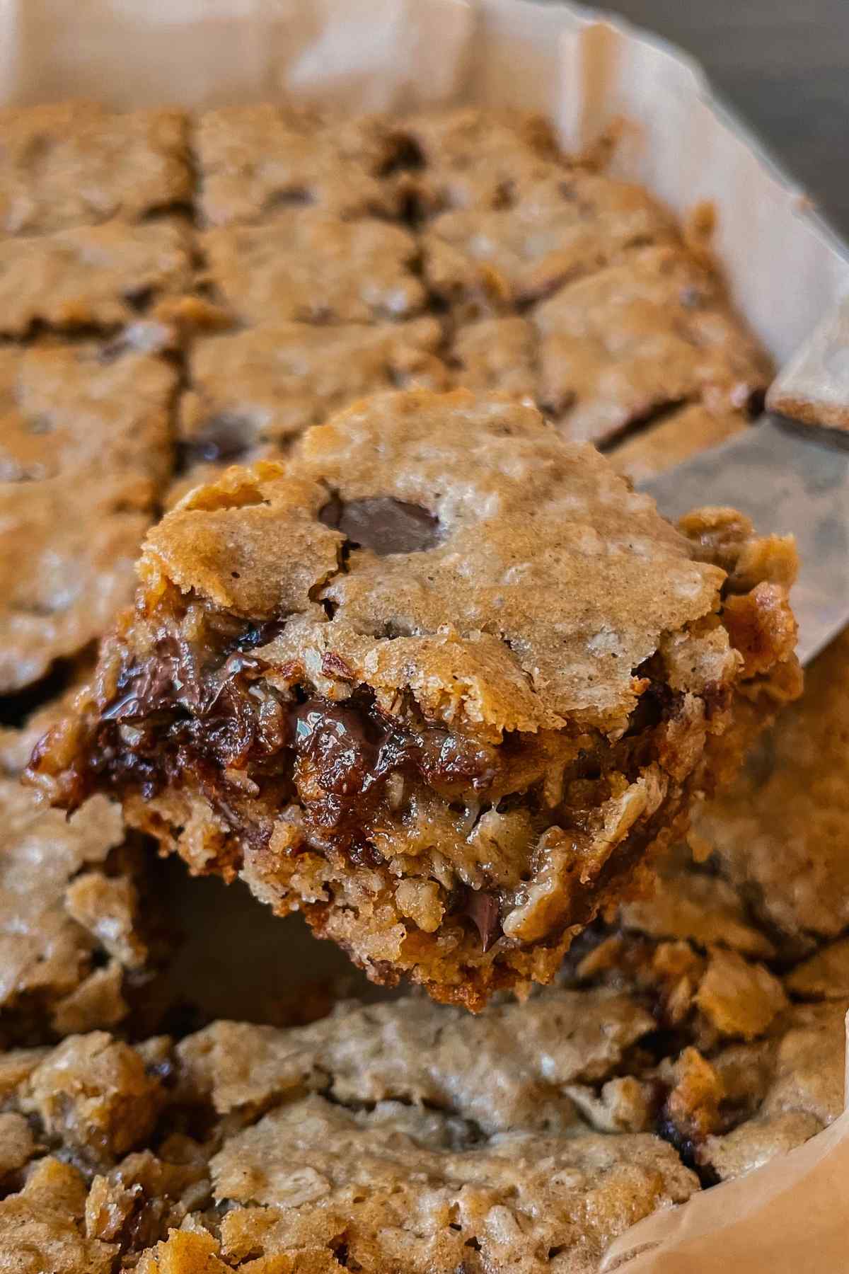 Close up of a gooey sourdough oatmeal chocolate chip cookie bar being held by a serving utensil