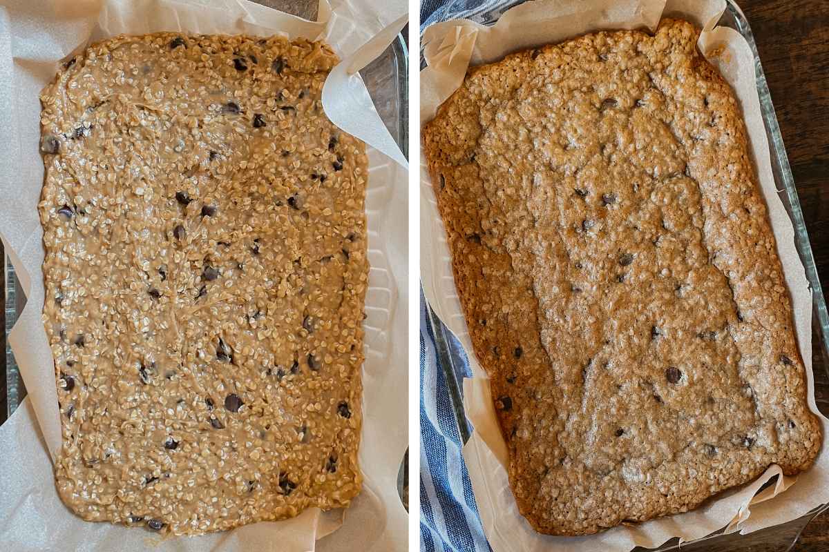 Grid of 2 photos of sourdough oatmeal chocolate chip cookie bar batter in glass baking pan lined with parchment paper