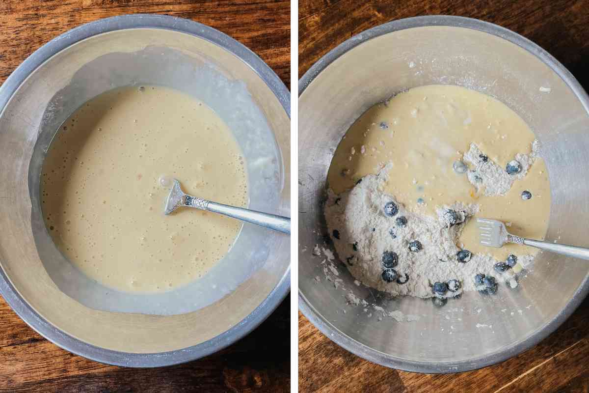 Grid of 2 photos of sourdough blueberry scone batter in a metal mixing bowl