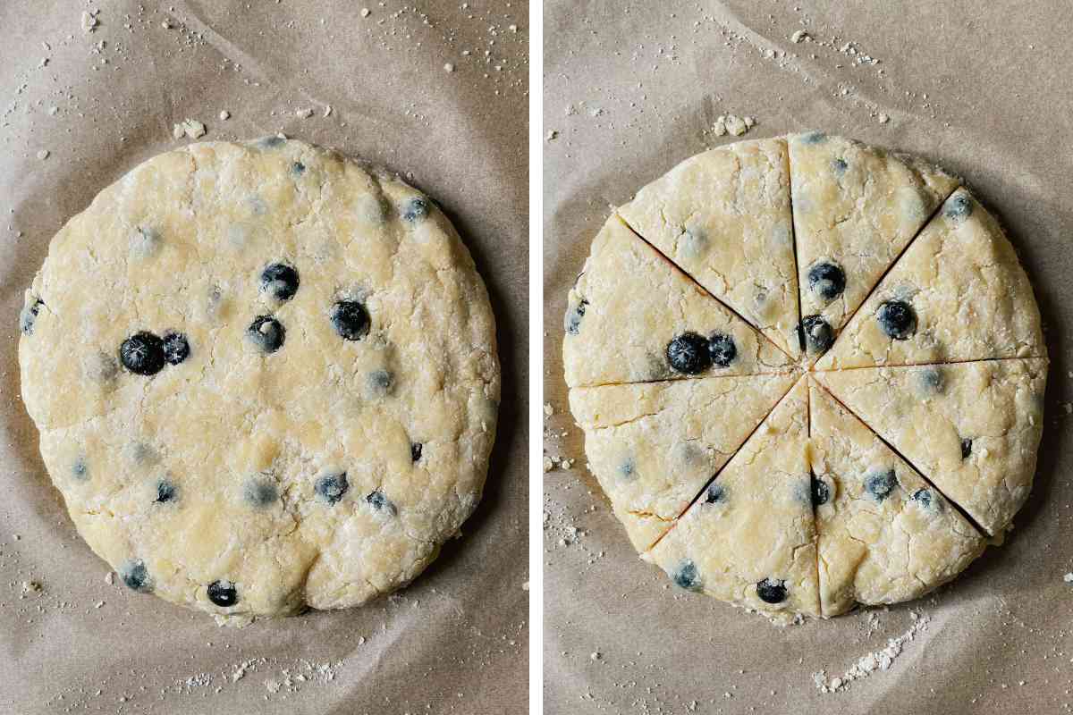 Grid of 2 photos of sourdough blueberry scone batter pressed into a disc and then sliced into pieces
