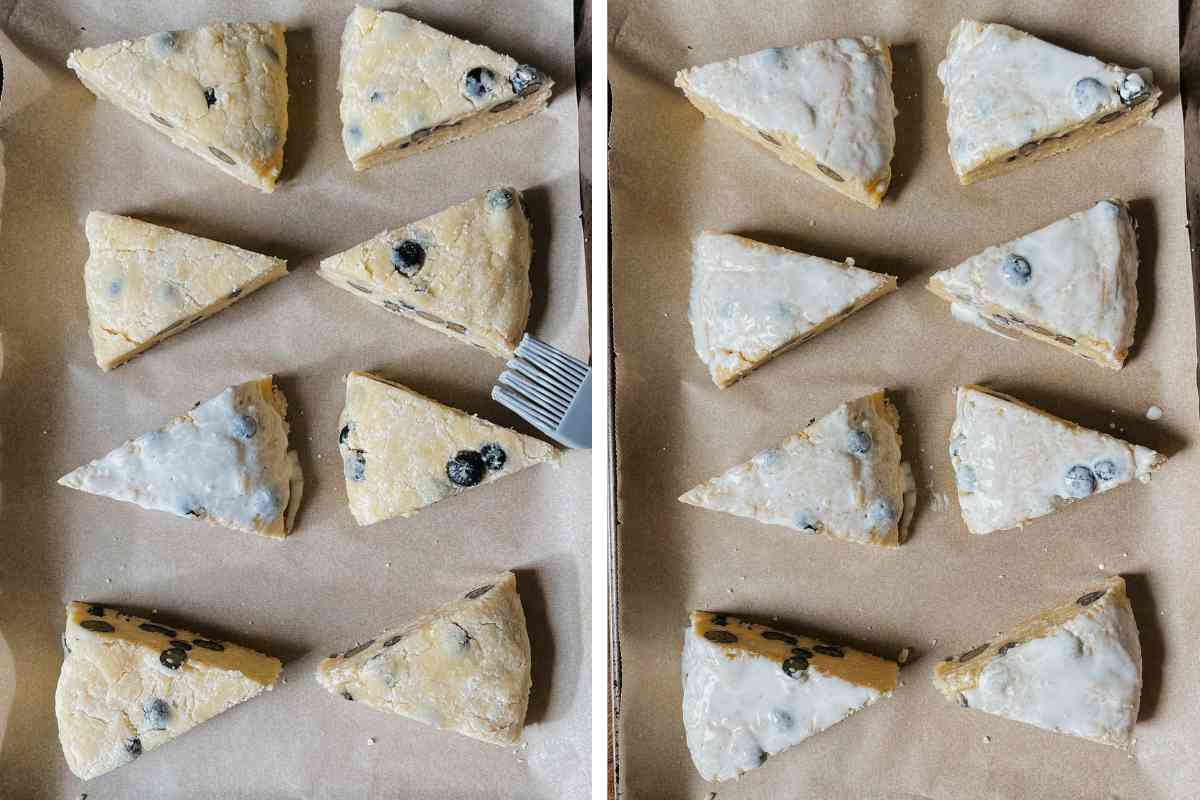 Grid of 2 photos of unbaked blueberry sourdough scones arranged on baking pan and brush with heavy cream
