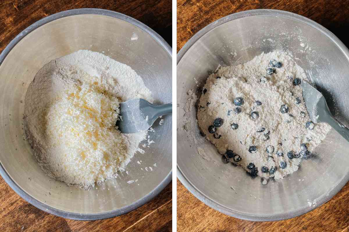 Grid of 2 photos of sourdough blueberry scone batter in a metal mixing bowl