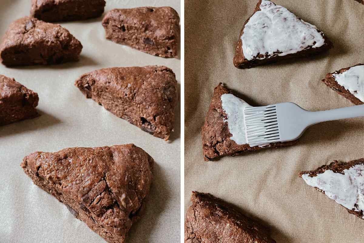 Grid of 2 photos of unbaked chocolate sourdough scones arranged on baking pan and brushed with heavy cream