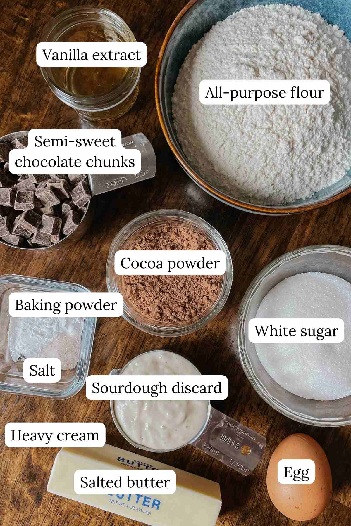 Ingredients for sourdough chocolate fudge scones labeled in bowls