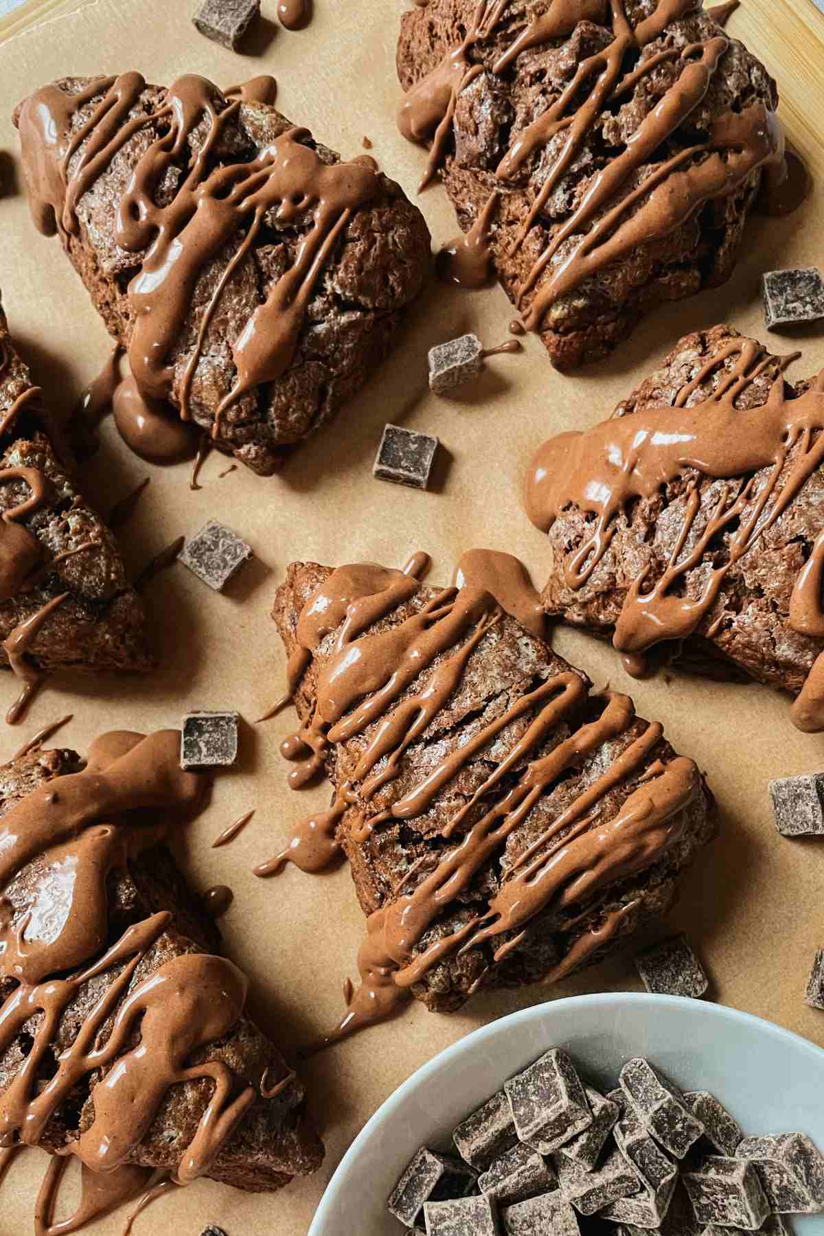 Sourdough chocolate fudge scones drizzled with chocolate glaze and chocolate chunks
