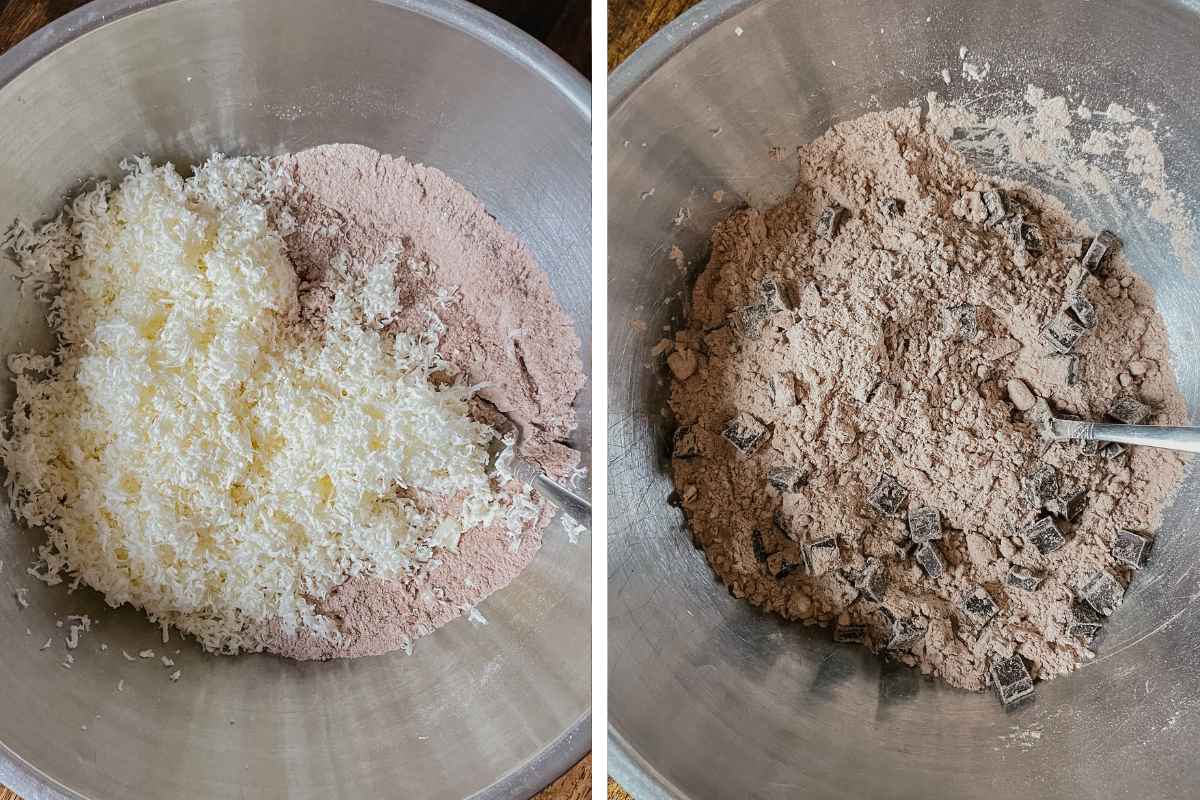 Grid of 2 photos of sourdough chocolate fudge scone batter in a metal mixing bowl