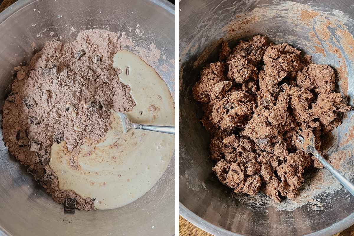 Grid of 2 photos of sourdough chocolate fudge scone batter in a metal mixing bowl