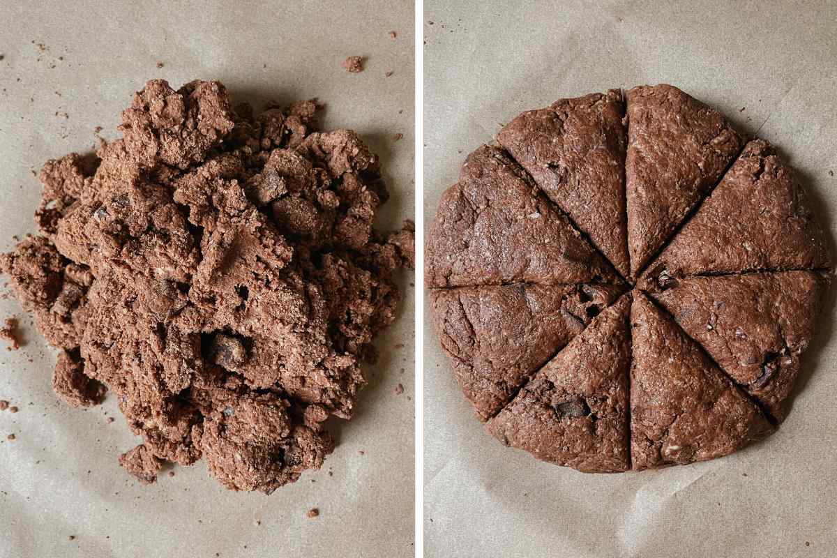 Grid of 2 photos of sourdough chocolate fudge scone batter pressed into a disc and then sliced into pieces