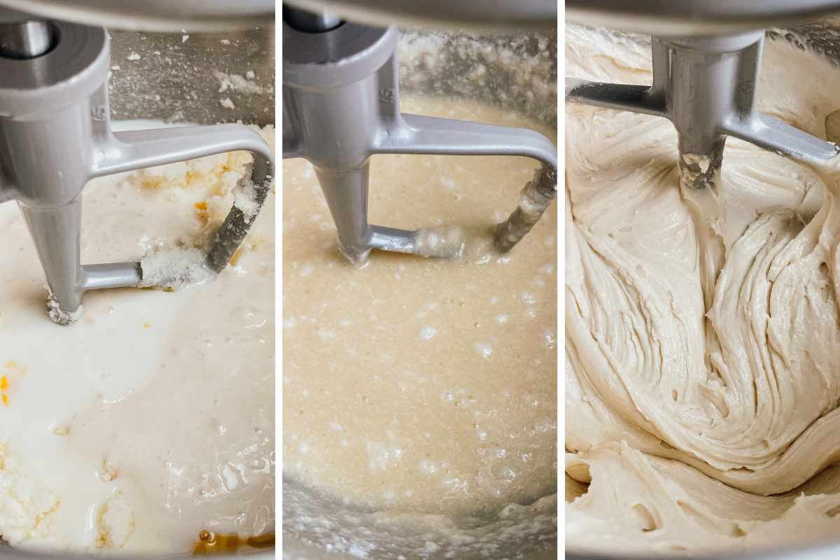 Grid of 3 photos of sourdough peach coffee cake batter in metal mixing bowl