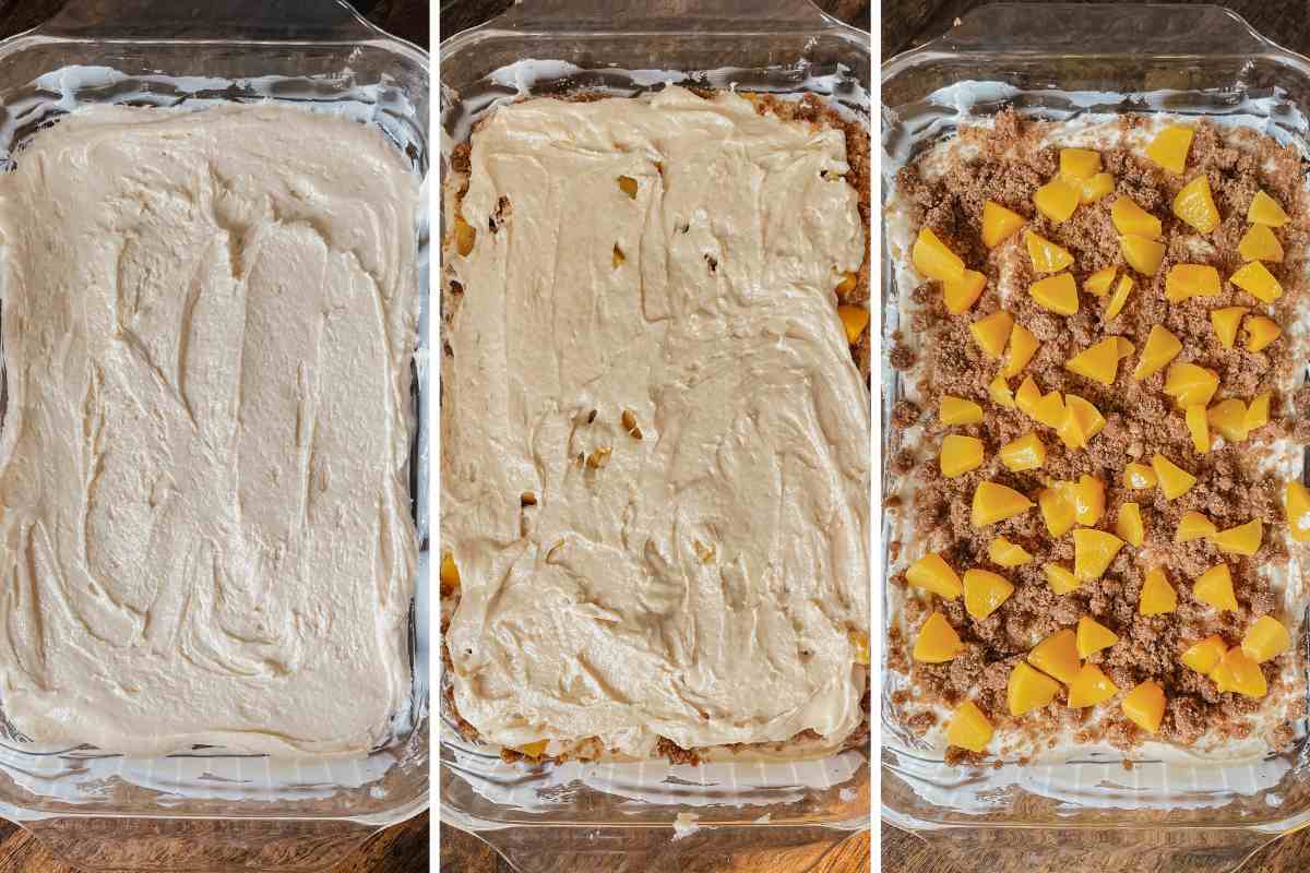 Grid of 3 photos of sourdough peach coffee cake batter in baking pan