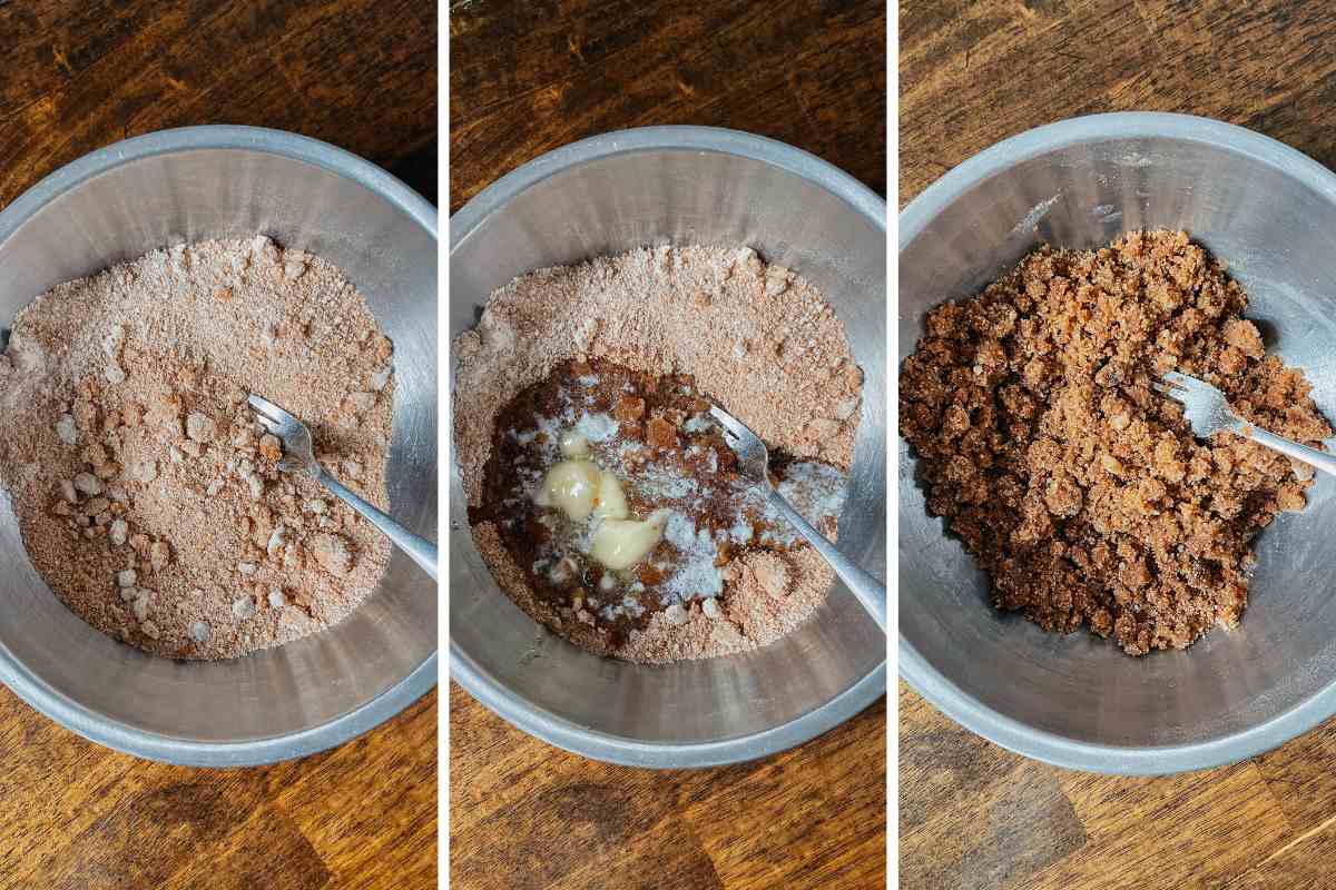 Grid of 3 photos of sourdough peach coffee cake spiced sugar filling in a bowl with fork mixing