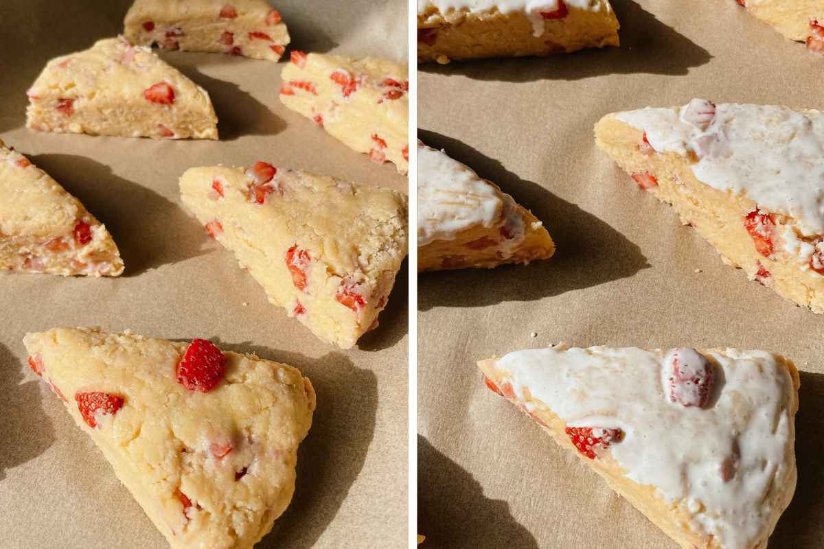 Grid of 2 photos of unbaked strawberry sourdough scones arranged on baking pan and brushed with heavy cream
