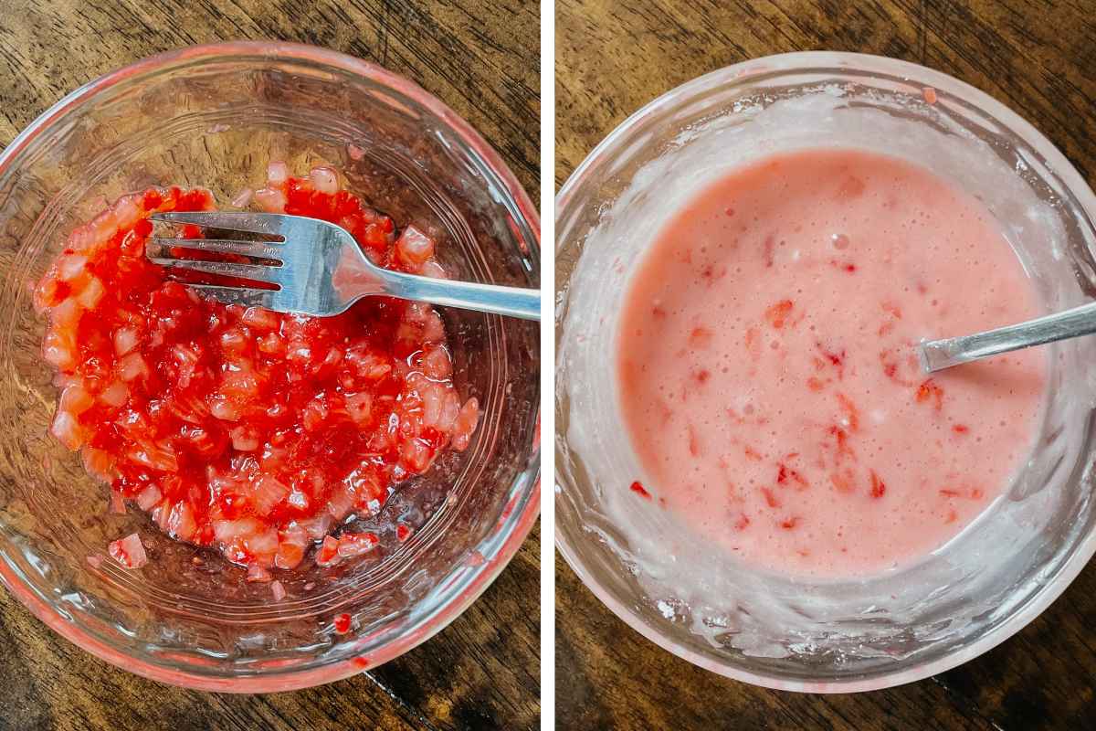 Grid of 2 photos of strawberry glaze: on left mashed strawberries with fork, on right strawberry glaze