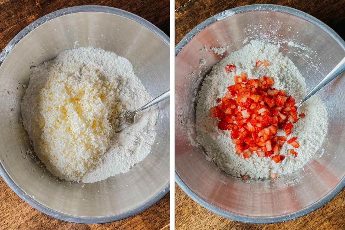 Grid of 2 photos of sourdough strawberry scone batter in a metal mixing bowl