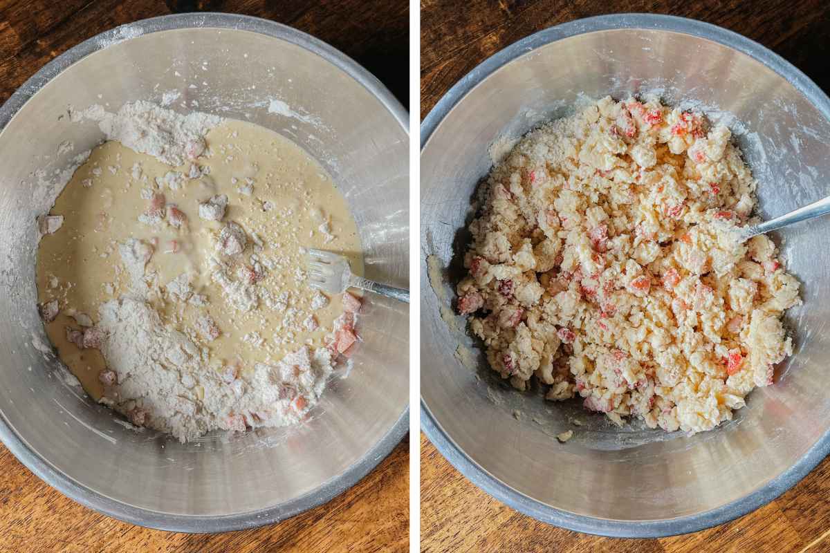 Grid of 2 photos of sourdough strawberry scone batter in a metal mixing bowl