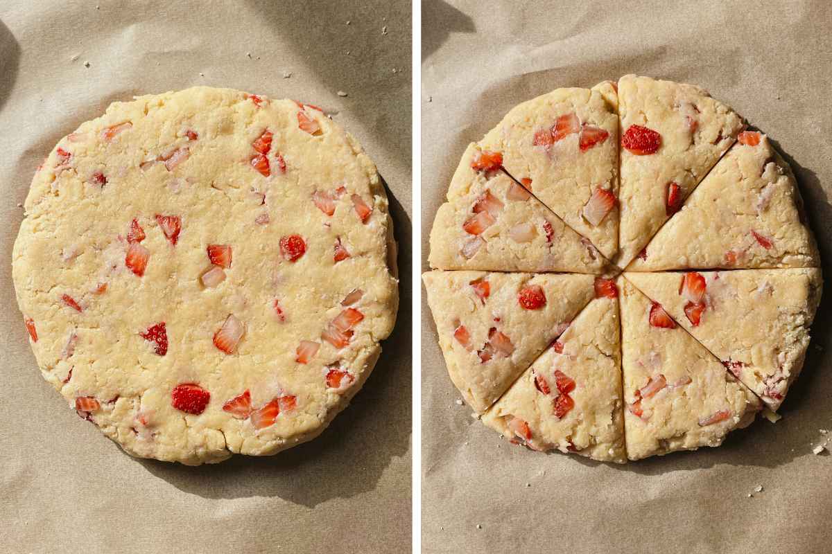 Grid of 2 photos of sourdough strawberry scone batter pressed into a disc and then sliced into pieces