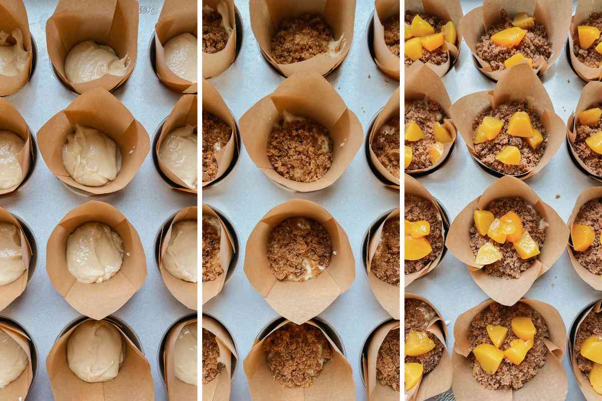 Grid of 3 photos of sourdough peach coffee cake muffin batter layered in muffin tins