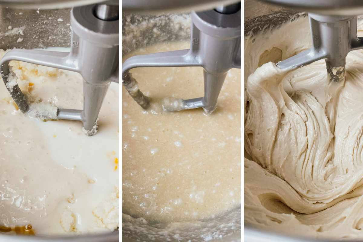 Grid of 3 photos of sourdough peach coffee cake muffin batter in metal mixing bowl