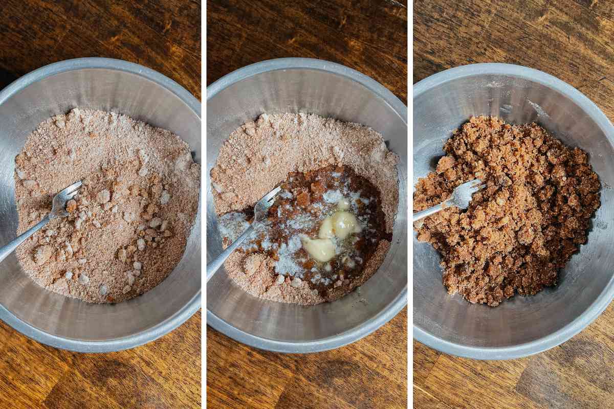 Grid of 3 photos of sourdough peach coffee cake muffin spiced sugar filling in a bowl with fork mixing