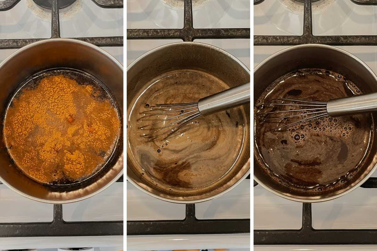 Grid of 3 photos of teddy graham coffee syrup in saucepan on stove