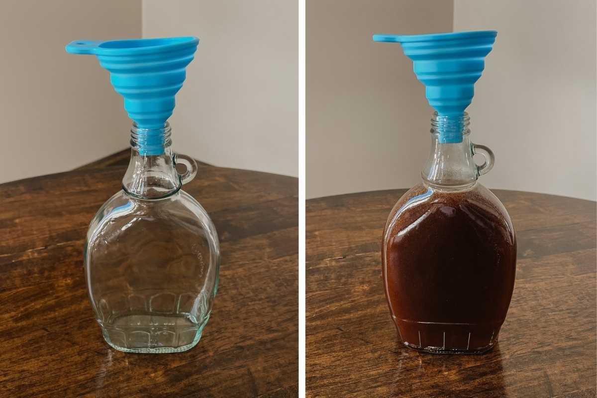 Grid of 2 photos of glass bottle with funnel being filled with teddy graham coffee syrup