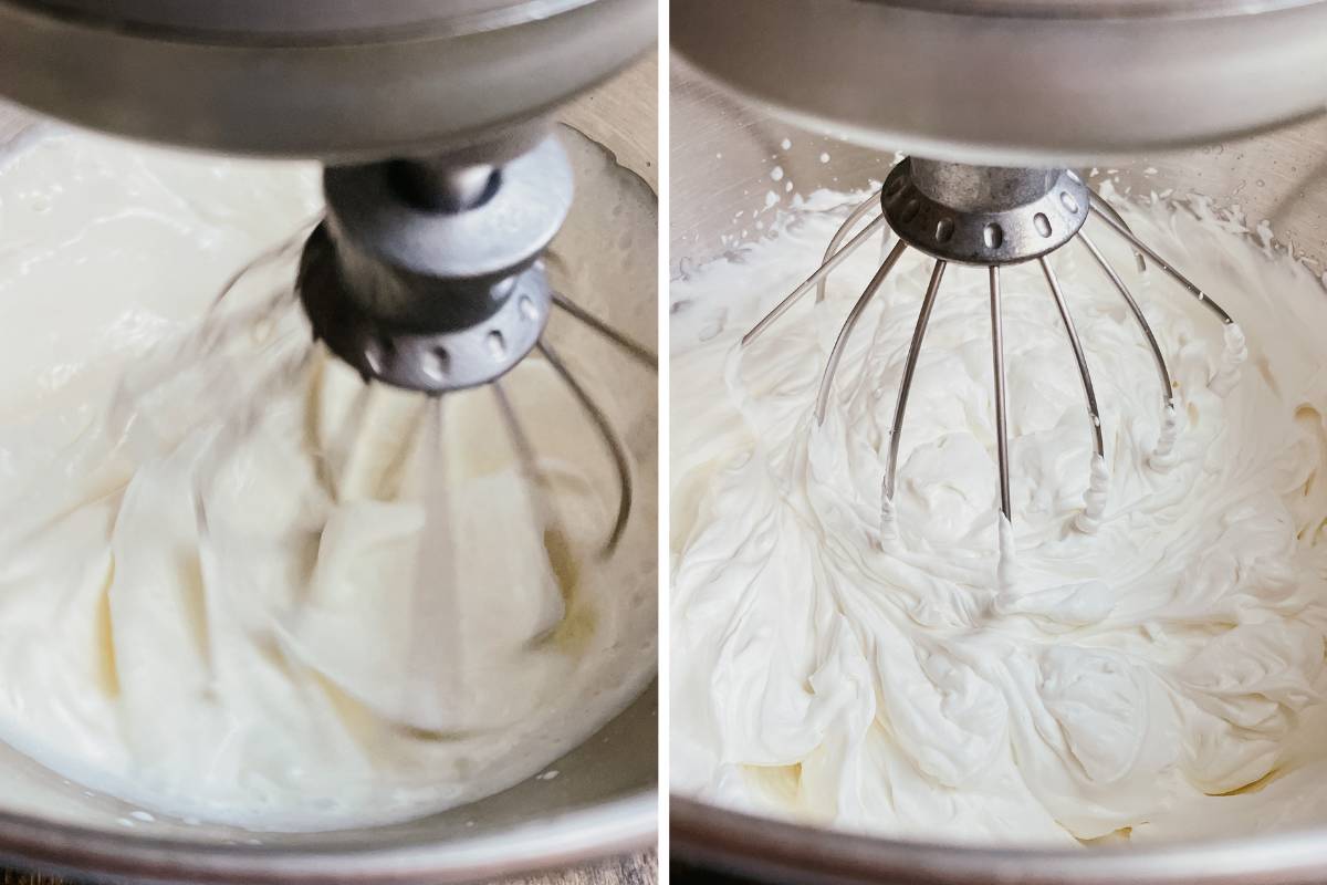 Grid of 2 photos of homemade whipped cream being mixed in metal mixing bowl with wire whisk