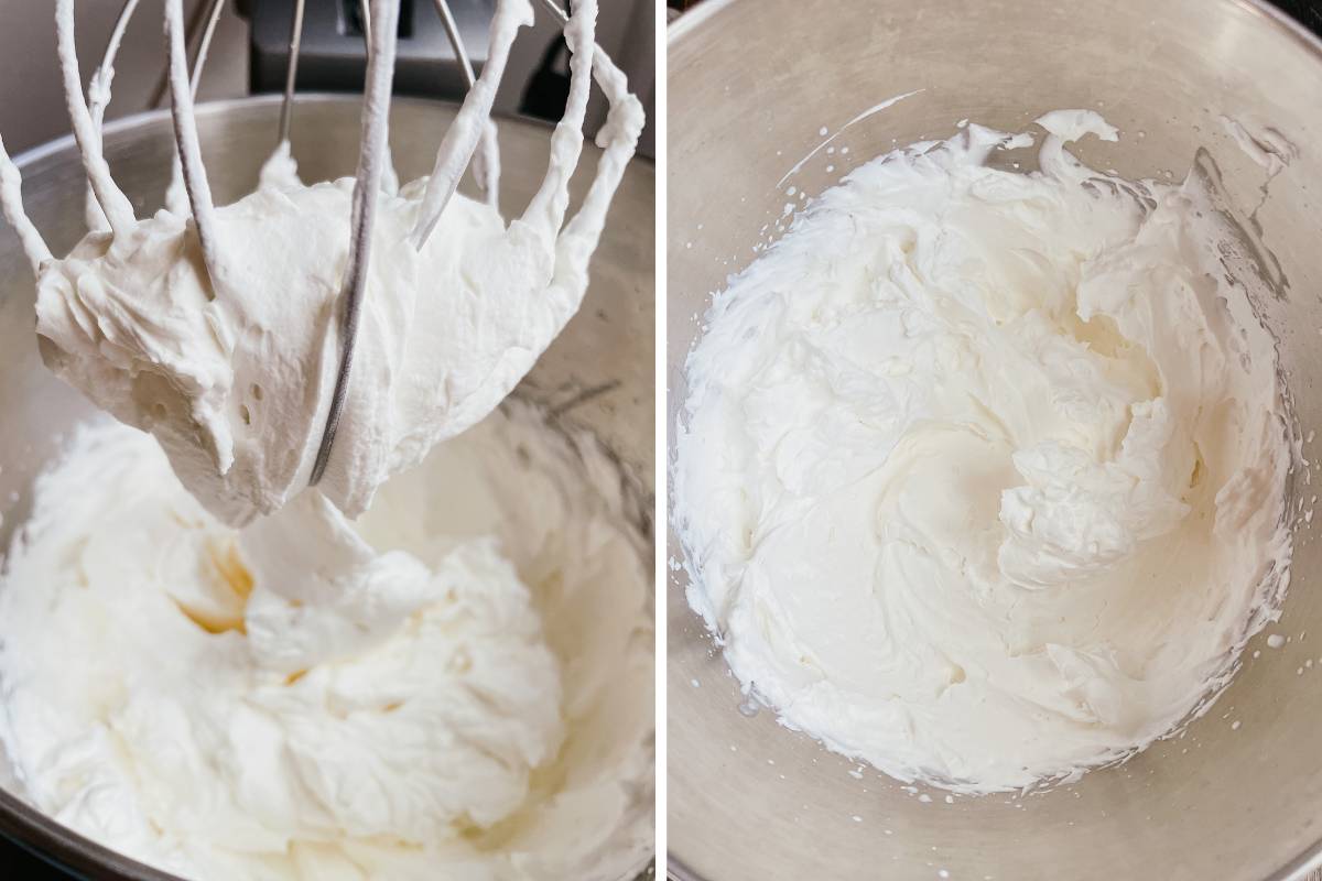 Grid of 2 photos of homemade whipped cream in metal mixing bowl with wire whisk
