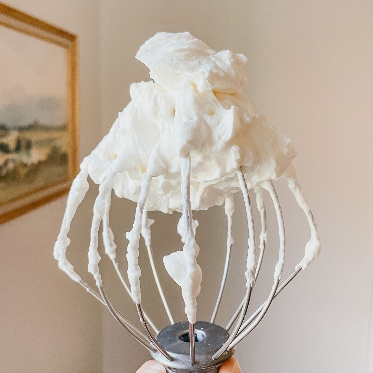 Wire whisk with homemade whipped cream in front of a wall