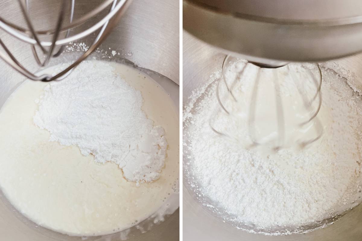 Grid of 2 photos of homemade whipped cream ingredients being mixed in metal mixing bowl with wire whisk