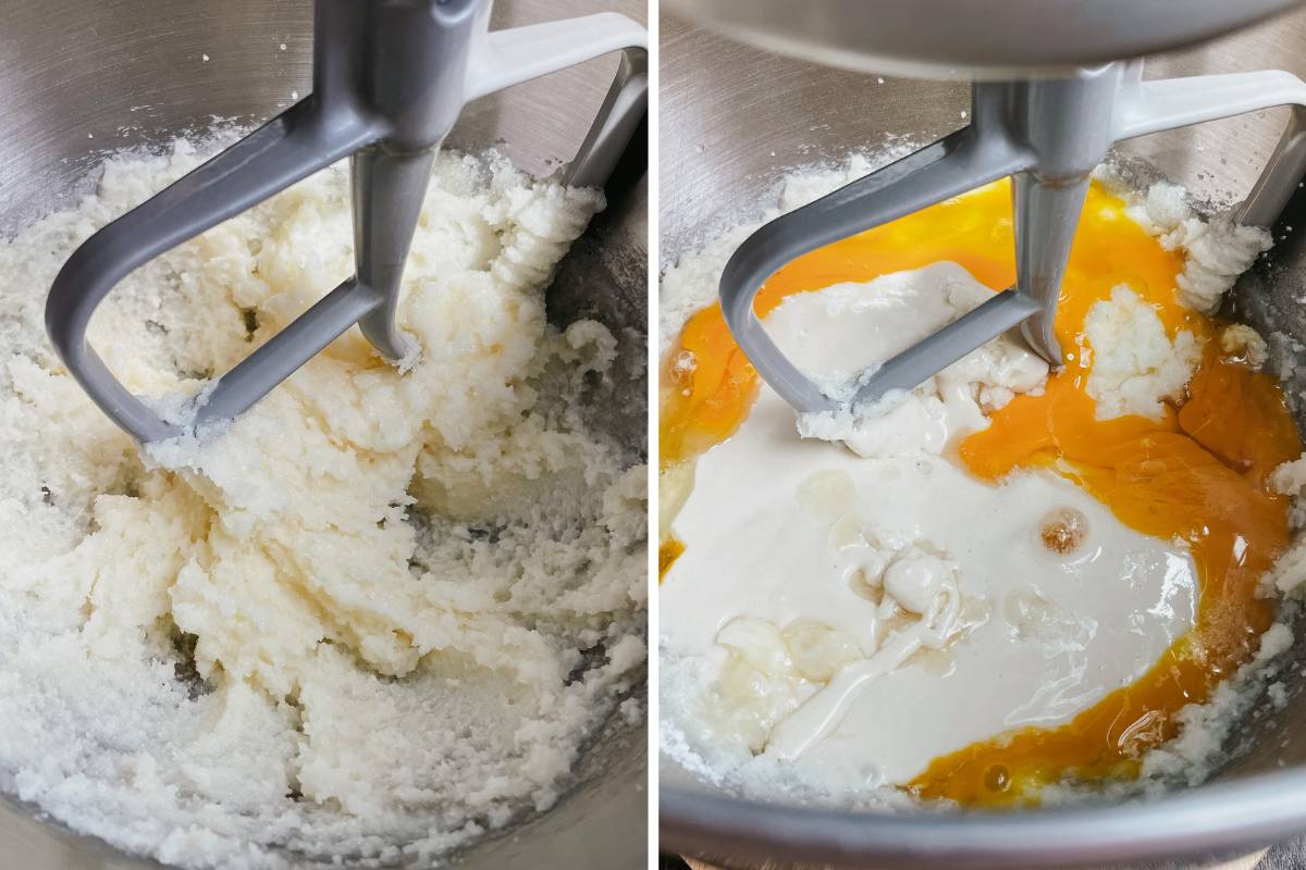 Grid of 2 photos of sourdough shortcake ingredients being mixed in metal mixing bowl