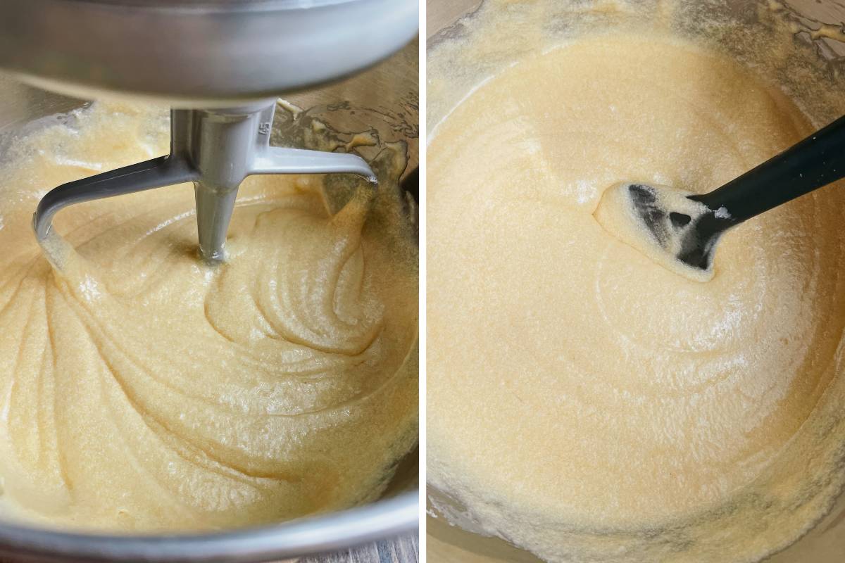 Grid of 2 photos of sourdough shortcake batter being mixed in metal mixing bowl