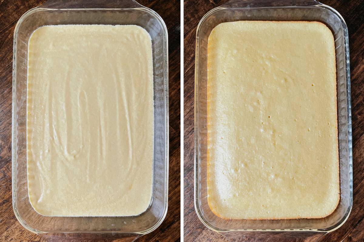 Grid of 2 photos of sourdough shortcake batter in glass baking pan
