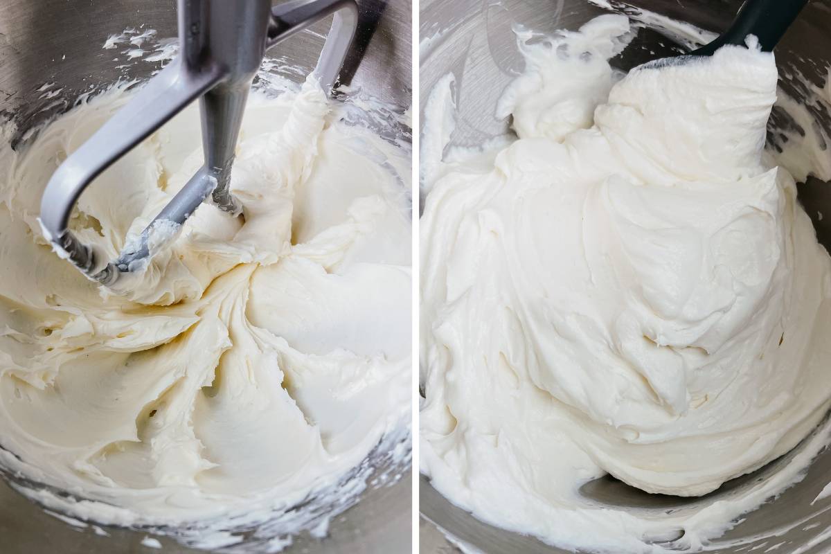 Grid of 2 photos of cream cheese frosting being mixed in metal mixing bowl