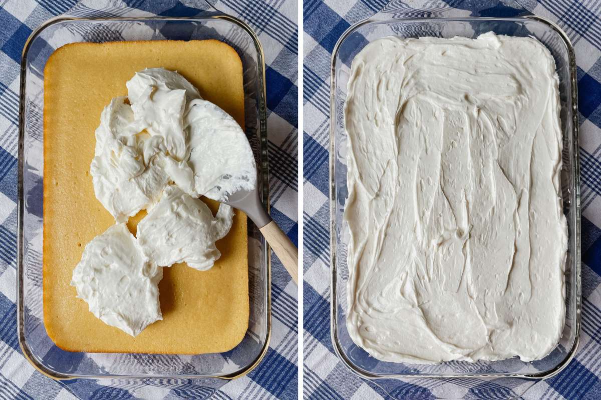 Grid of 2 photos of sourdough shortcake in glass pan being spread with cream cheese icing