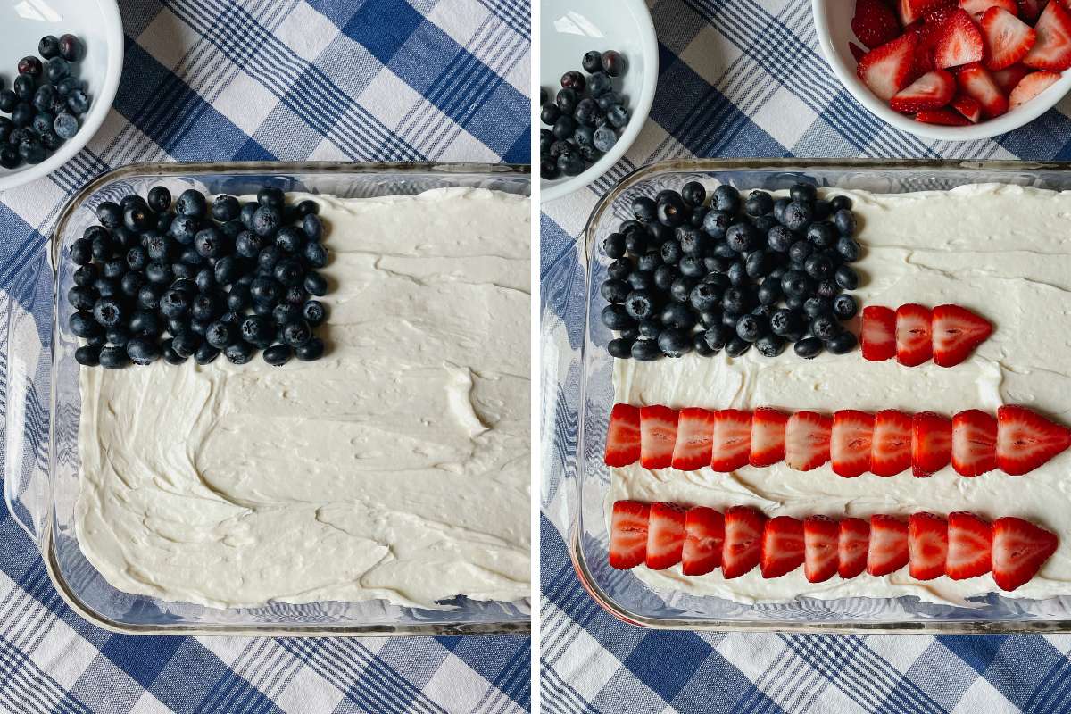 Grid of 2 photos of sourdough flag cake in glass pan being placed with berries