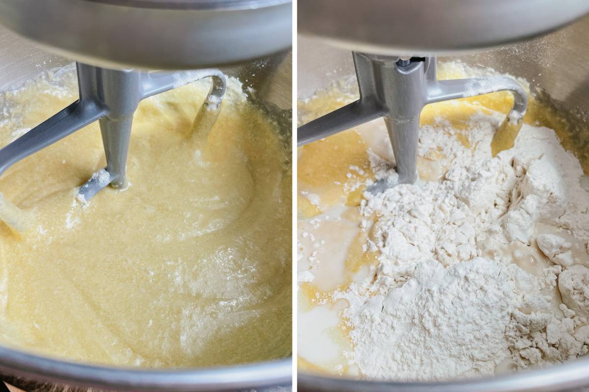Grid of 2 photos of sourdough shortcake batter being mixed in metal mixing bowl