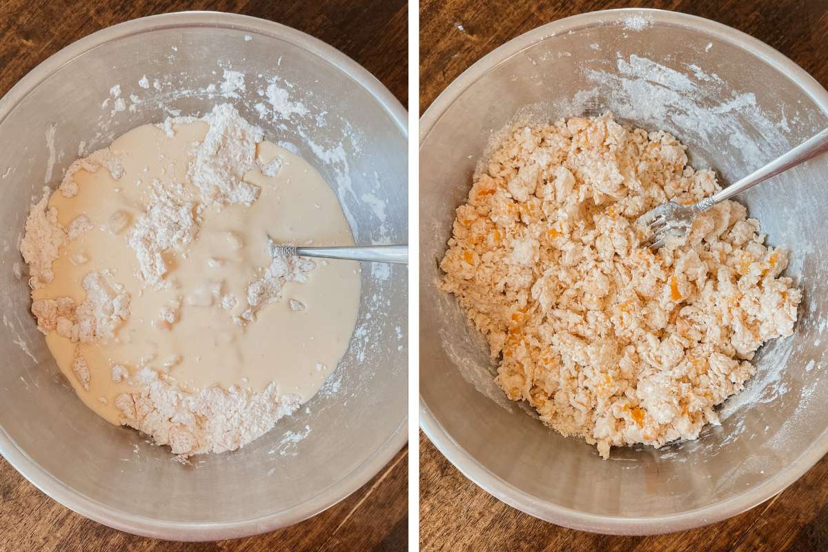 Grid of 2 photos of sourdough peach scone batter in a metal mixing bowl