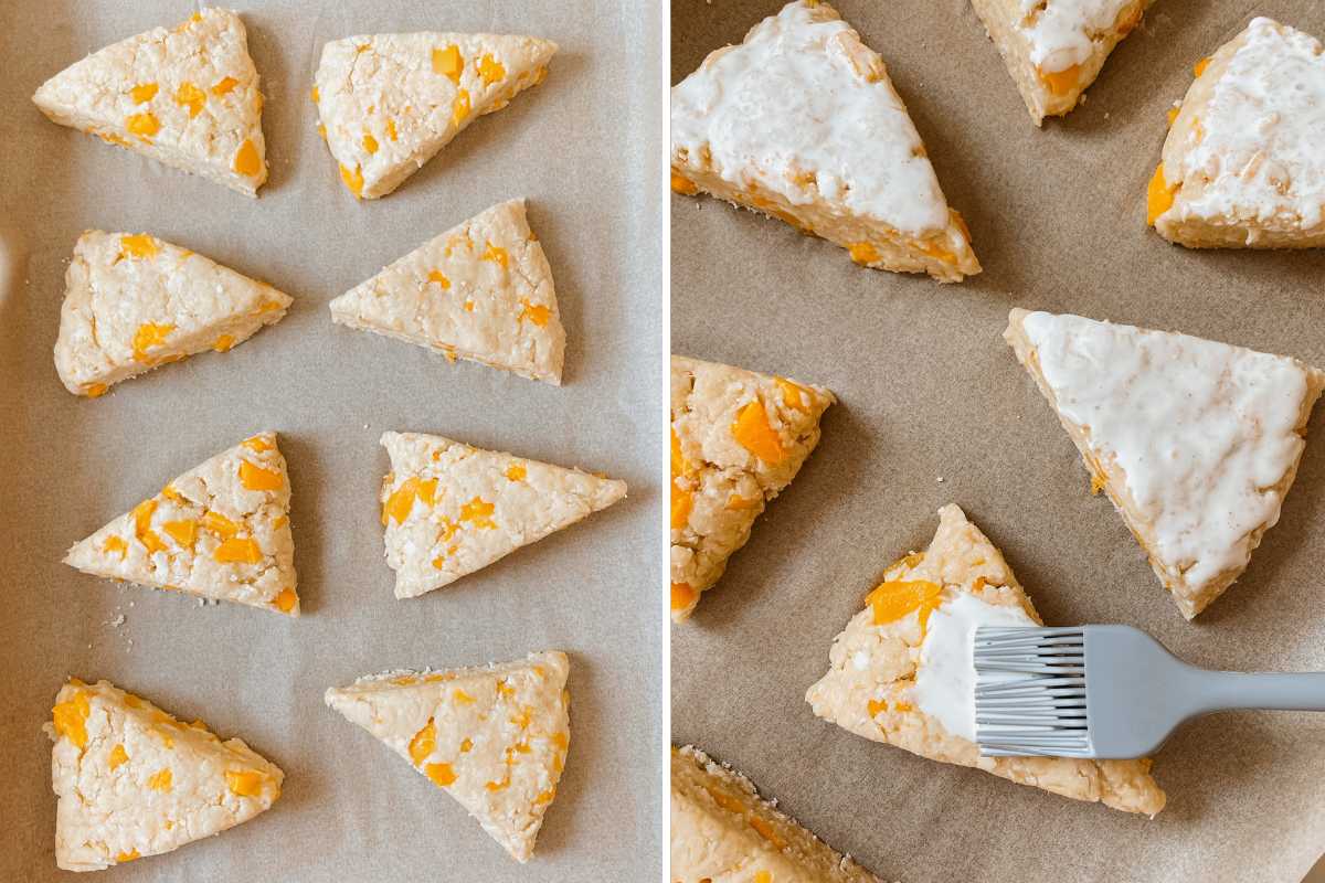 Grid of 2 photos of unbaked peach sourdough scones arranged on baking pan and brushed with heavy cream