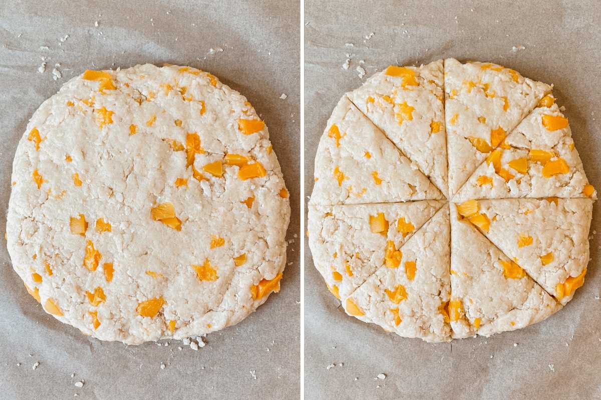 Grid of 2 photos of sourdough peach scone batter pressed into a disc and then sliced into pieces