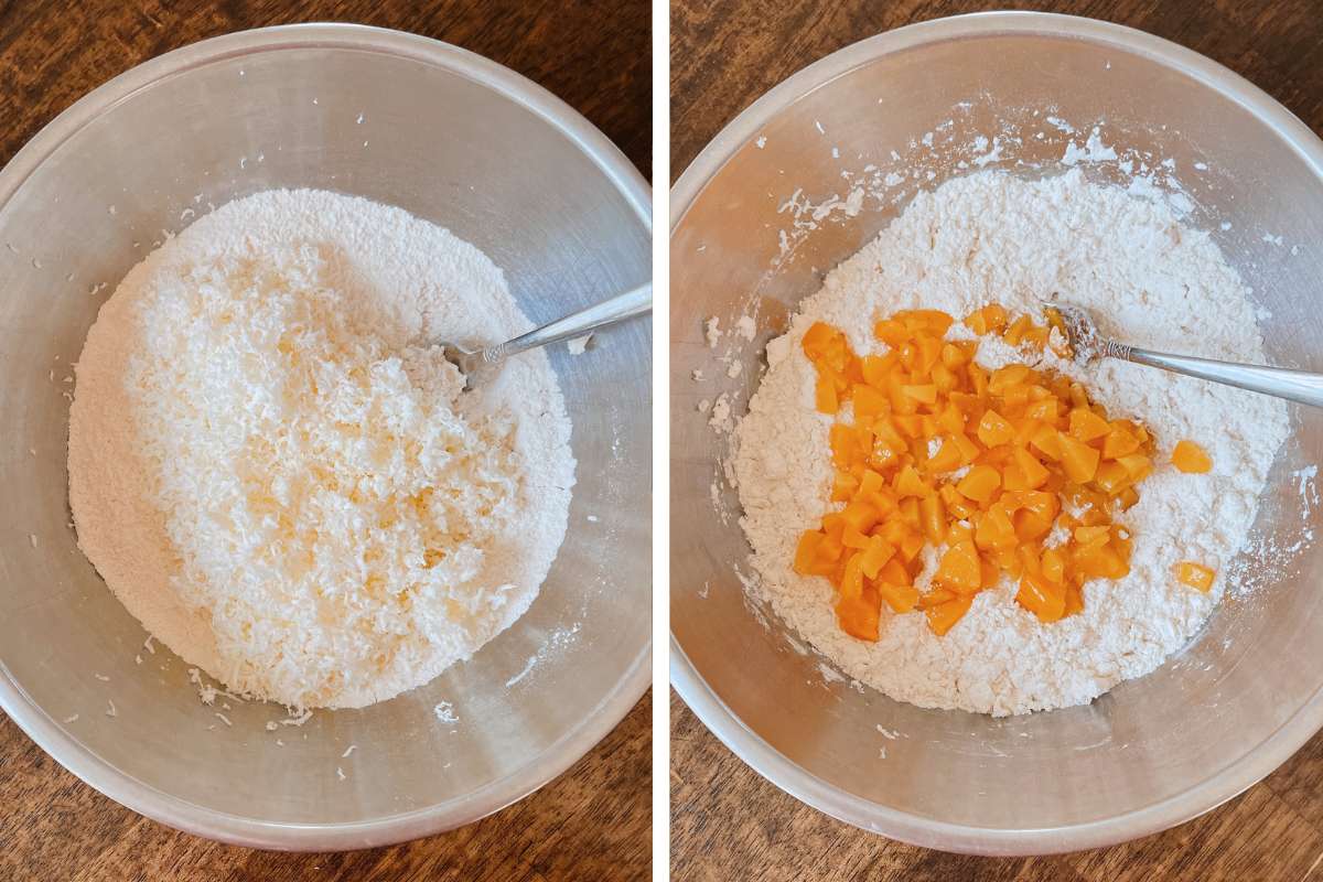 Grid of 2 photos of sourdough peach scone batter in a metal mixing bowl