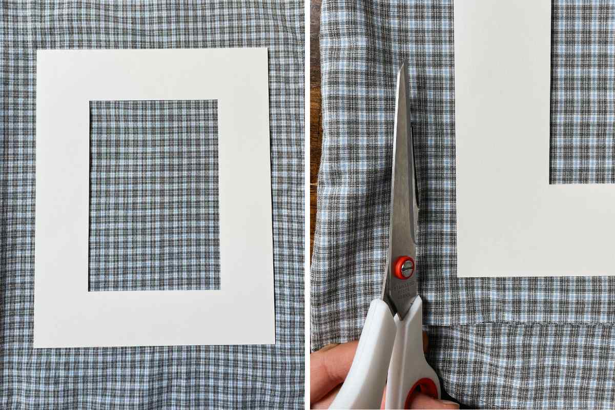 Grid of 2 photos of picture frame mat and plaid fabric