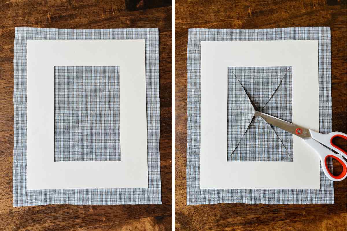 Grid of 2 photos of picture frame mat and plaid fabric being cut by scissors