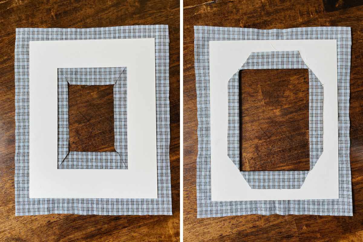 Grid of 2 photos of picture frame mat being covered by plaid fabric